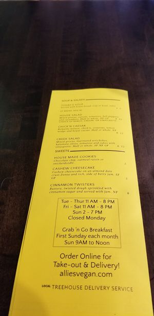 Menu at Allie's:  Soups, Salads, Sweets at Allie's Vegan Pizzeria and Cafe in Spokane