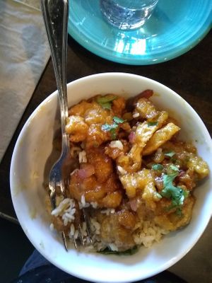 Vegan orange chicken and brown rice, nut free and so good 😊. at Allie's Vegan Pizzeria and Cafe in Spokane