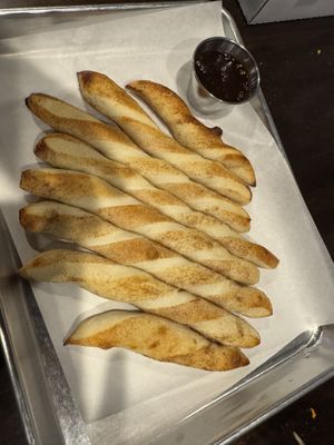 The very disappointing cinnamon twist with a Hershey’s dipping sauce that was disgusting  at Allie's Vegan Pizzeria and Cafe in Spokane