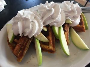 Build your own #vegan waffles! I had pecans cooked in batter with cinnamon, apples and coconut whipped cream. at Tia B's La Waffleria in Albuquerque
