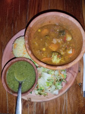 Dinner (Chickpea stew, broccoli soup, rice and salad) at Utopia Eco Hotel in Semuc Champey