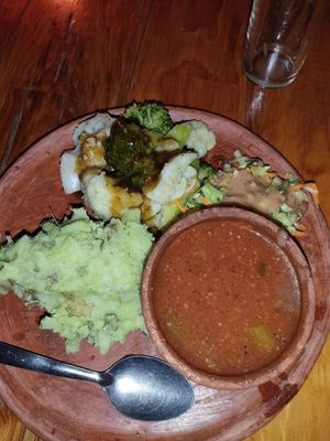 Dinner (Breaded veggies, mash, orange sauce, tomato soup, salad) at Utopia Eco Hotel in Semuc Champey