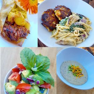 Mac n ribs wonton. Crab cakes. Spinach and artichoke pasta. Loaded baked potato soup and avocado salad  at Good Karma Vegan Catering in Atlanta