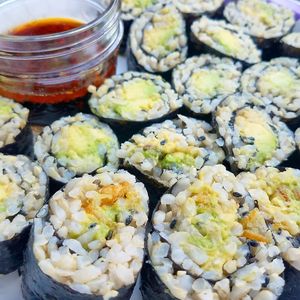 Avocado rolls with fried onions at Good Karma Vegan Catering in Atlanta