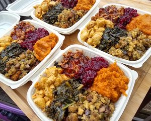 Holiday plates for the homeless at Good Karma Vegan Catering in Atlanta