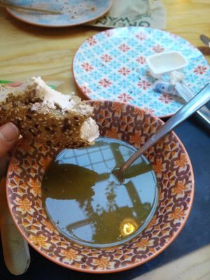 Groentesoup met brood (5,90 €)
with dairy creamcheese (not sure if they would have vegan one, too) at Greenway in Antwerpen