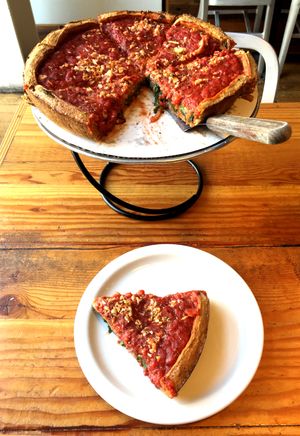 This is what the 12" deep-dish vegan pizza looks like at Patxi's Pizza in Seattle