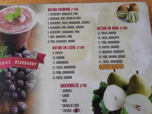 Menu of smoothies. Note they can make most without milk. at Restaurante Delicia in San Jose