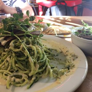 pesto zucchini and Samosa side order at Indigo Age Cafe in Vancouver