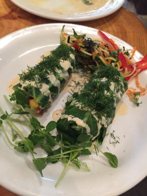 Mediterranean falafel collard wrap at Indigo Age Cafe in Vancouver