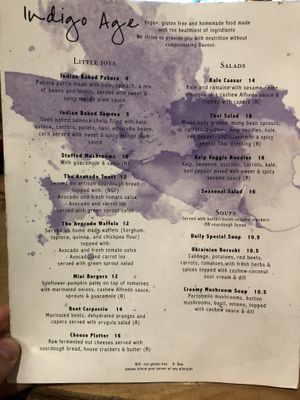 Cute menu page one at Indigo Age Cafe in Vancouver