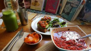 borsh, avocado waffles and smoothie at Indigo Age Cafe in Vancouver