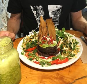 Beautiful raw burger  at Indigo Age Cafe in Vancouver