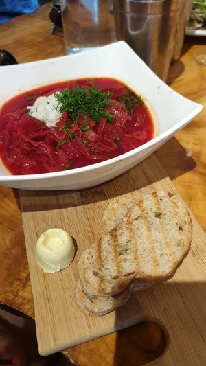 Ukrainian soup, bread and cashew butter at Indigo Age Cafe in Vancouver