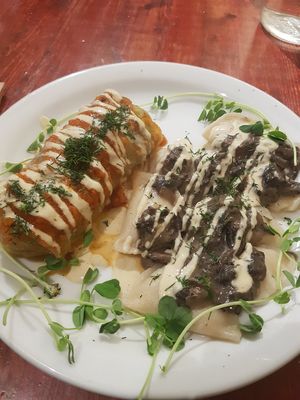 Cabbage roll and pieroggi at Indigo Age Cafe in Vancouver