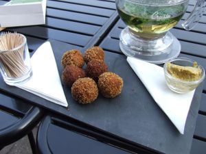 Vegan appetizer (Dutch 'bitterballen') made of peas at Hortus in The Hague