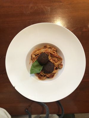 Pasta with vegan "meat" ball at Hortus in The Hague
