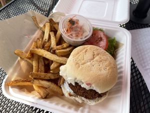 Falafel burger on GF bun  at Blue Hill Co-op and Cafe in Blue Hill
