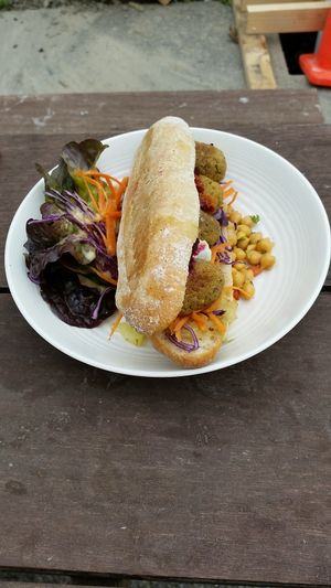 Falafels, salad & potatoes ~ Tasty! at Food Forest Organics in Greytown
