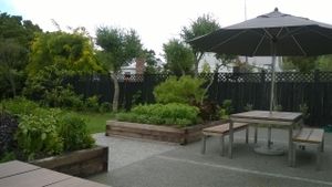 Garden seating at Food Forest Organics in Greytown