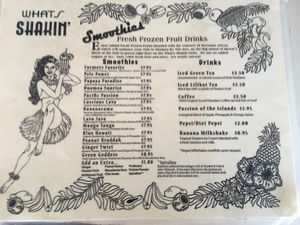 Beverage menu  at What's Shakin in Pepeekeo