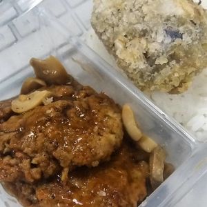 Jackfruit fritter and Vegetarian burger steak at Good Food Vegetarian in Quezon City