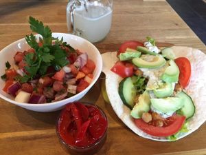 Chickpea taco and tomato salad. at The Vegan Bar in Malmo
