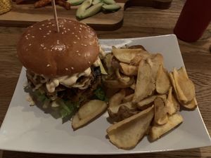 Mayo Mustard Burger with Chickpea Patty and “dippers” (normal fries)   at The Vegan Bar in Malmo