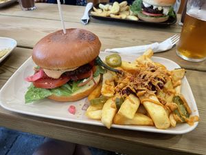 Chilli mayo burger with texas fries  at The Vegan Bar in Malmo