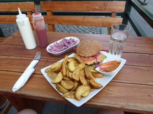 Burger, fries and coleslaw at The Vegan Bar in Malmo