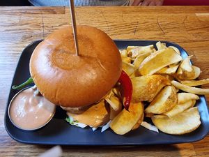 Chili burger with portobello patty, dippers and bbq mayo. at The Vegan Bar in Malmo