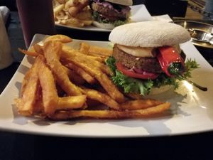 Chili burger and sweet potato fries at The Vegan Bar in Malmo
