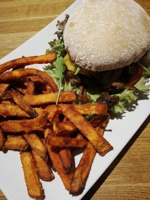 Mushy mushy Portobello burger with sweet potato fries at The Vegan Bar in Malmo