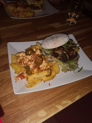 MUCHY muchy burger with Texas fries at The Vegan Bar in Malmo