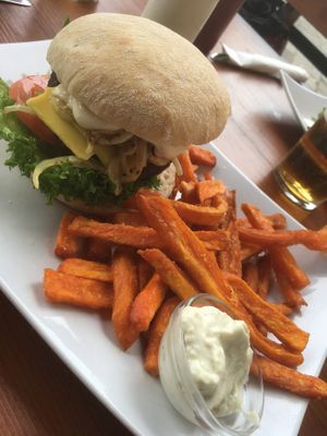 Mustard and mayo-burger with sweet potato fries  at The Vegan Bar in Malmo