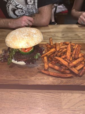 Red pepper burger and sot patot  at The Vegan Bar in Malmo