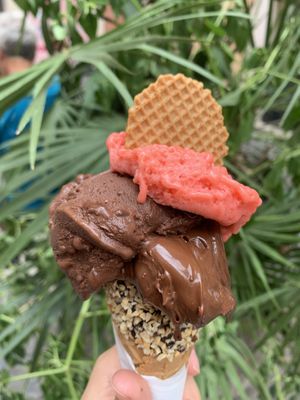 Vegan cone, chocolate, ‘Nutella’ and strawberry gelato/sorbet.  at Gelateria dell Angeletto in Rome