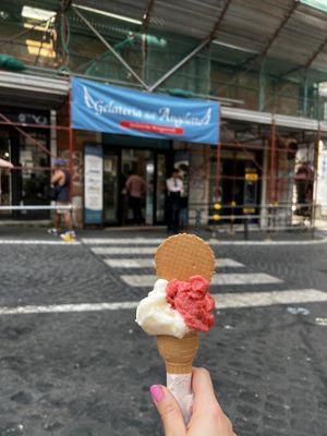 Lemon and strawberry gelato. All vegan!! Cone and wafer too!  at Gelateria dell Angeletto in Rome