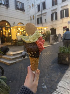 Dark chocolate, strawberry, lemon&basil gelato  at Gelateria dell Angeletto in Rome
