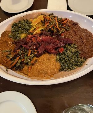 Veggie combo for four peoplee  at Hawi Ethiopian Restaurant in Ithaca