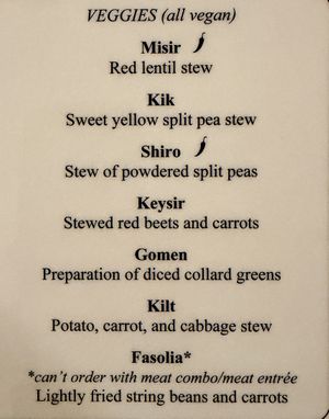 Vegan options  at Hawi Ethiopian Restaurant in Ithaca
