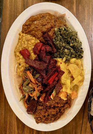 Vegan combo  at Hawi Ethiopian Restaurant in Ithaca