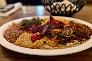 Vegan combo  at Hawi Ethiopian Restaurant in Ithaca