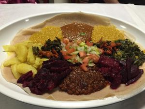 Veggie combo platter at Hawi Ethiopian Restaurant in Ithaca
