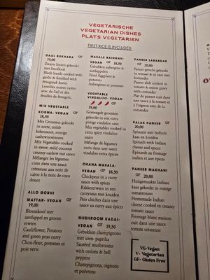 Vegetarian menu - vegan is labelled at Taj Mahal in Bruges