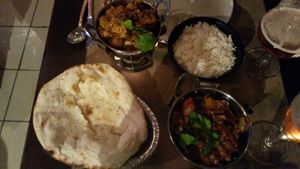 Our curries, free rice and naans at Taj Mahal in Bruges