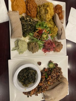 Vegan platter and beyond meat tibs   at Desta Ethiopian Kitchen - Briarcliff in Atlanta