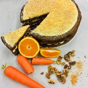 Spiced Carrot Cake - Sweet warm spices & fresh carrot combined with toasted walnuts contribute to this celebrated favourite. at The Free From Bakehouse in London