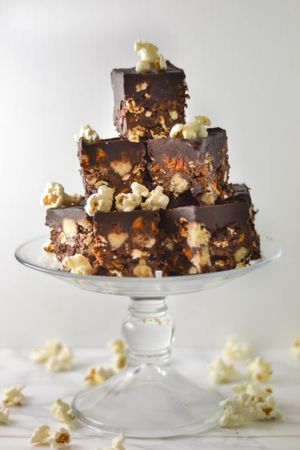 Irresistible crunchy crumbly chunks of dark chocolate blended with home-made 'honeycomb', coconut biscuit, raisins and salted popcorn (in place of marshmallows) at The Free From Bakehouse in London