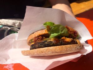 Super delicious black bean burger at Armin's Tempeh in Heiderberg